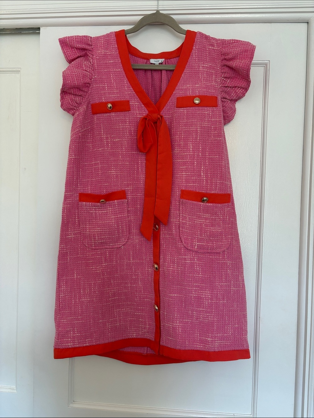 Pink Tweed Mini Dress with Red Trim and Tie Neck